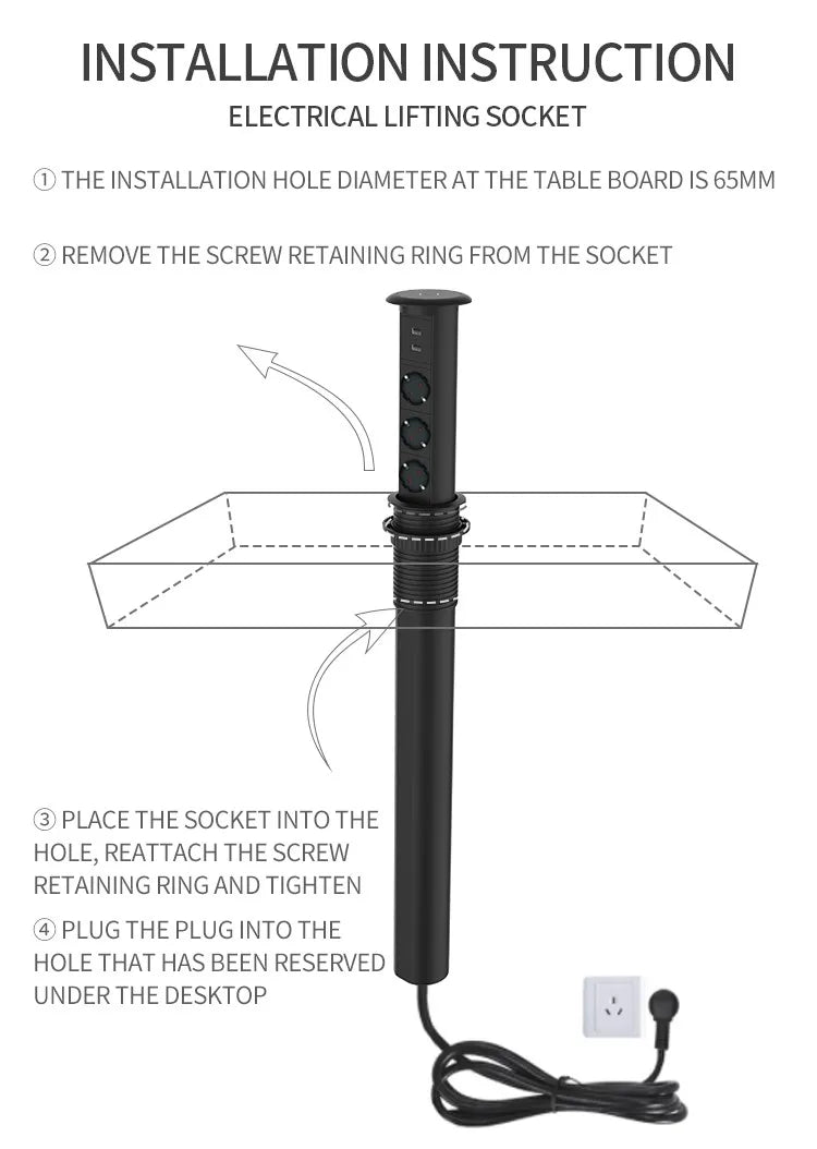 Prelungitor incorporabil blat smart LIFT BOX USB automatic 3P 2m/3×1,5mm
